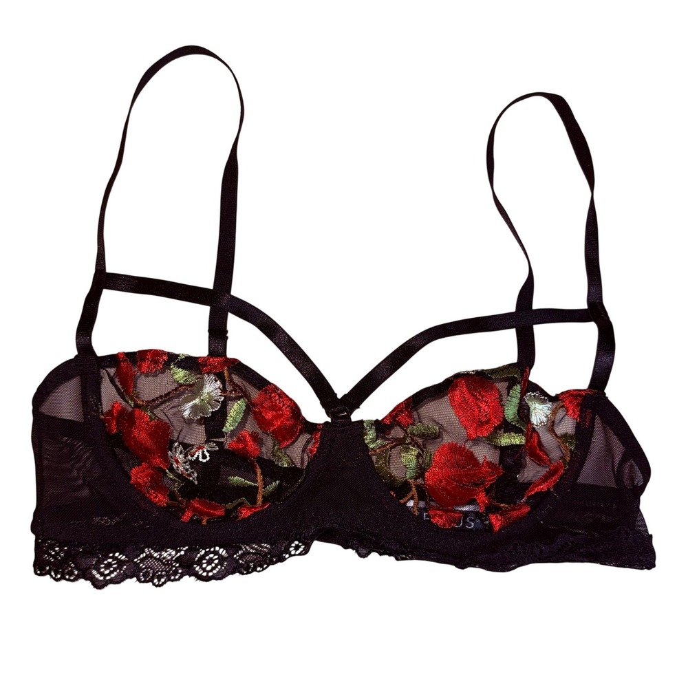 Venus Black‎ Red Rose Floral Embroidered Strappy Mesh Lace Bralette Bra 34C
